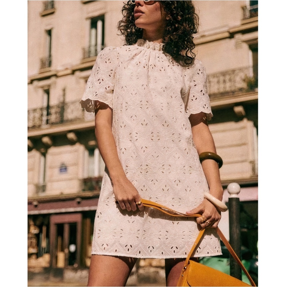 Sezane White Floral Mini Louison Eyelet-Embroidered Dress